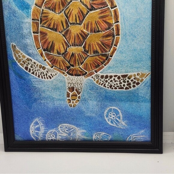 Hand Crafted Sea Turtle Colored Pencil Drawing Framed 9x11" - Picture 8 of 14